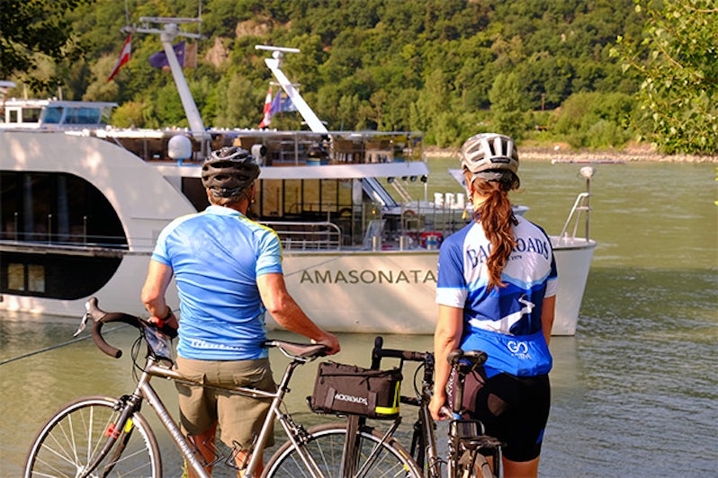 AmaSonata passengers parked with bikes along river
