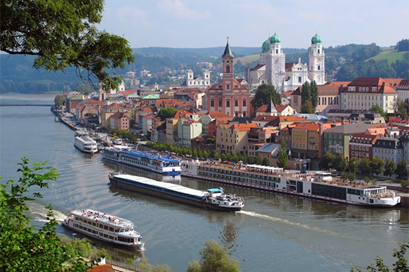 River cruise ships sailing in Passau, City of Three Rivers, Bavaria, Germany.