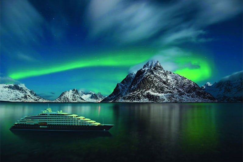 Rendering of Scenic Eclipse cruising Arctic waters at night, with the Northern Lights in the background