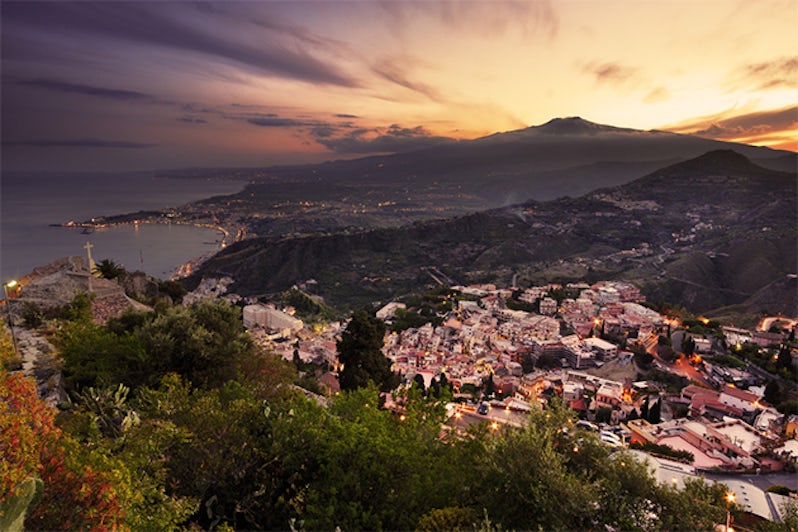 Aerial view of Mount etna at sunset from Taormina