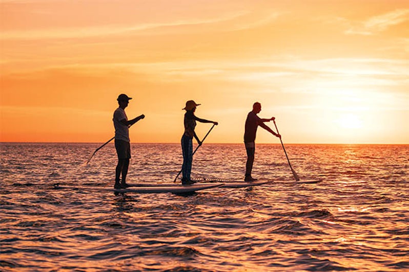 Group of people stand-up paddleboarding at sunset