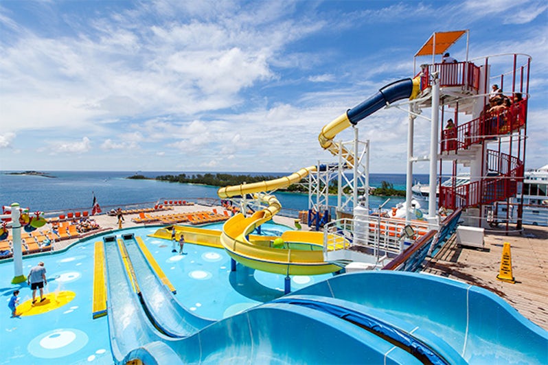 Aft view of Carnival WaterWorks water slides on Carnival Cruise Line