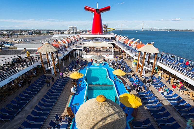 Aerial view of the pool deck and cruise funnel on Carnival Ecstasy