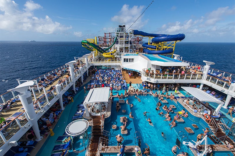Aerial view of the crowded pool deck on Norwegian Escape