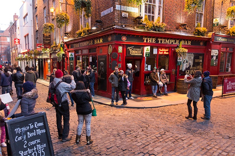 Exterior shot of The Temple Bar in Dublin at sunset