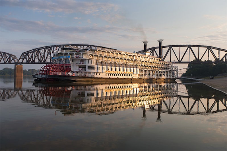 American Queen on the Mississippi River at sunset