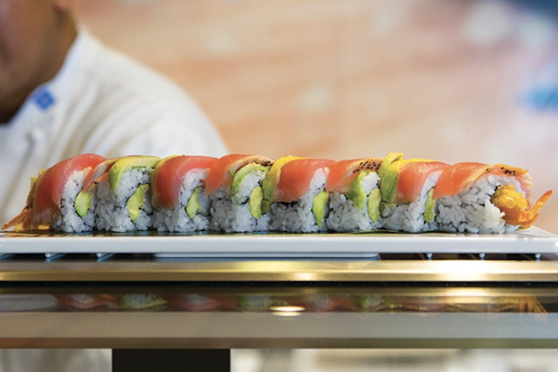 Close-up shot of sushi on a counter