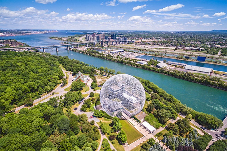 Montreal Biosphere and Jacques Cartier bridge aerial view, Montreal, Quebec, Canada