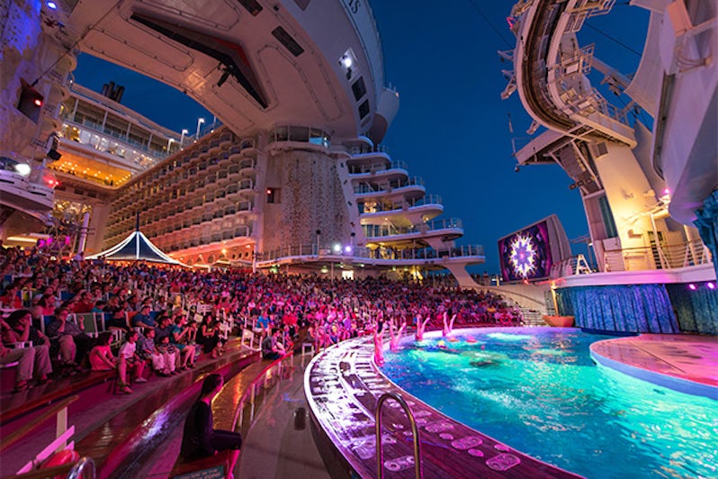 The AquaTheater on Oasis of the Seas during a nighttime performance