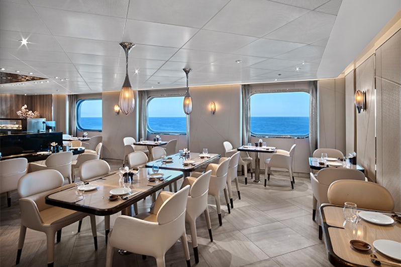Seabourn Sushi restaurant seating area, with ocean views in the background