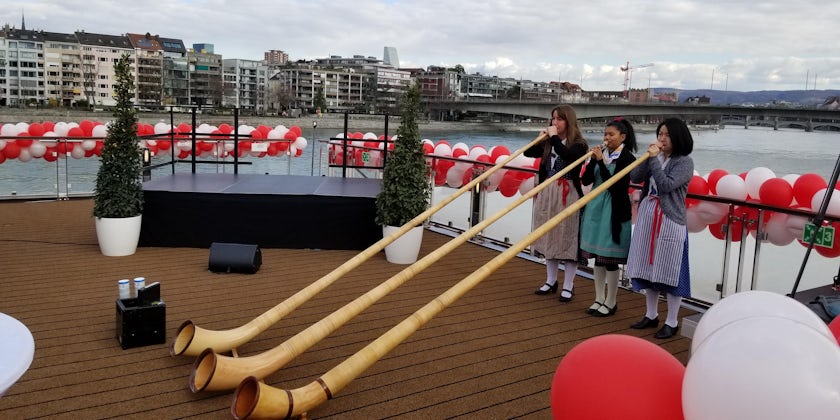A trio of alpenhorn players at the Viking River Cruises christening (Photo: Colleen McDaniel/Cruise Critic)