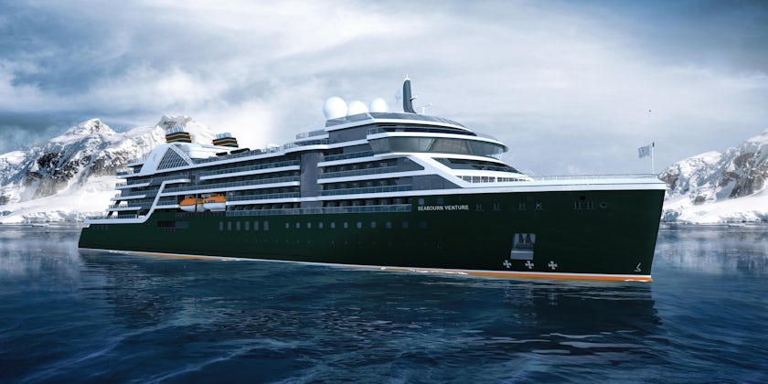 Rendering of Seabourn Venture, with snow-capped mountains in the background