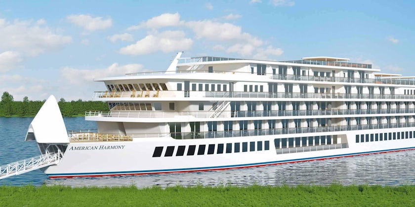 Rendering of American Harmony docked in port with gangway protruding from the front of the ship