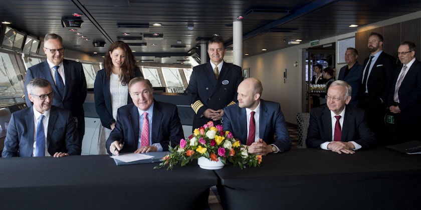 Royal Caribbean International executives accepting the delivery of Spectrum of the Seas from the Meyer Werft shipyard in Bremerhaven, Germany (Photo: Royal Caribbean International)