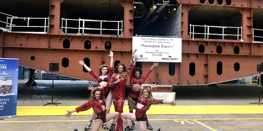 Kinky Boots performers at the Norwegian Encore keel laying (Photo: Norwegian Cruise Line)