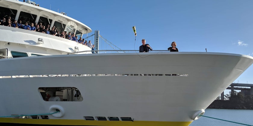 Sven Lindblad and Pamela Fingleton christening National Geographic Venture (Photo: Colleen McDaniel/Cruise Critic)