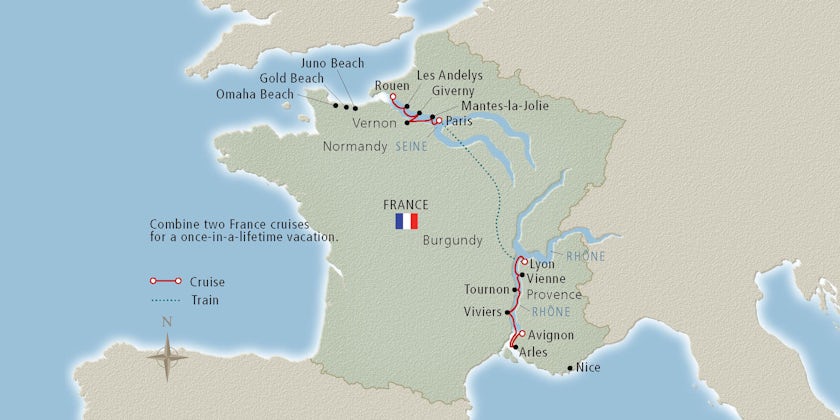 Travel map for a France river cruise package that traverses both the Seine and Rhone rivers. (Image: Viking River Cruises)