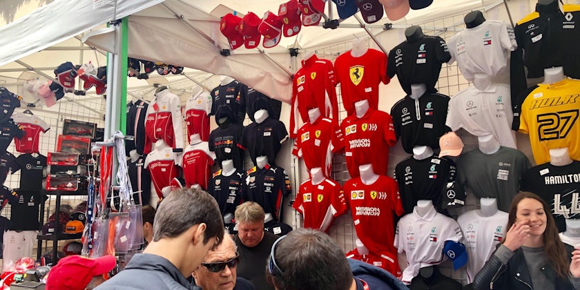 Formula 1 fan gear at a kiosk outside the grandstands of the Monaco Grand Prix (Photo: Chris Gray Faust/Cruise Critic)