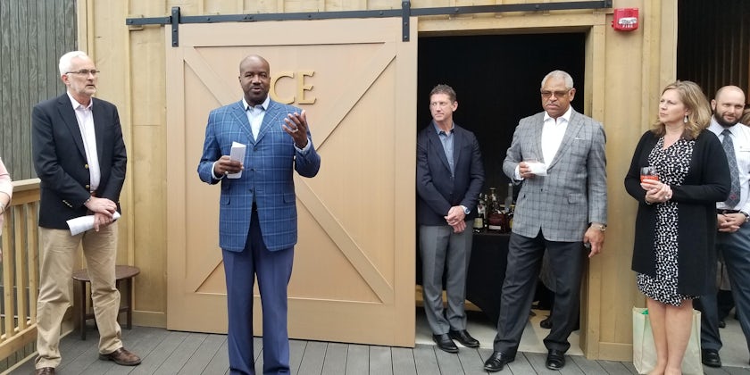 Holland America Line President Orlando Ashford giving the opening remarks as the new three-story Ridge View expansion at the popular McKinley Chalet Resort in Denali is unveiled (Photo: Colleen McDaniel)