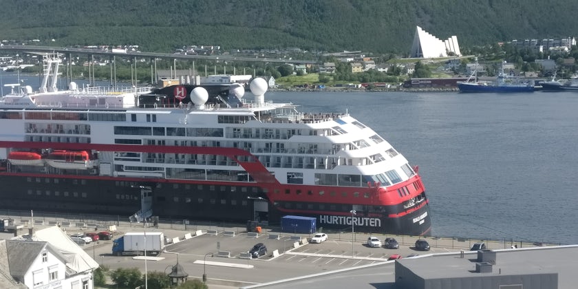 Hurtigruten's brand-new hybrid-powered Roald Amundsen cruise ship in the port of Tromso, Norway