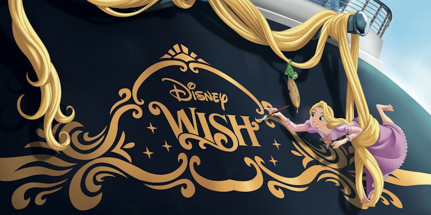 Rendering of Disney Wish's stern art, with Rapunzel painting the name