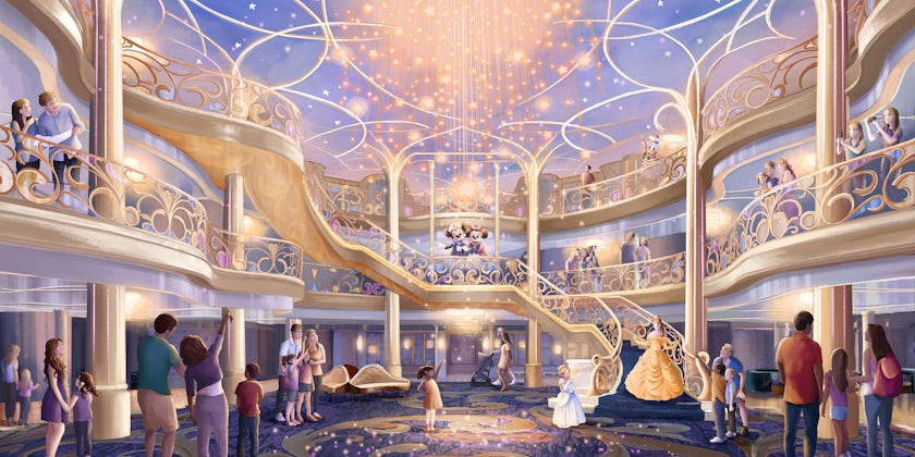 Rendering of the three-story atrium of the Disney Wish, a bright, airy and elegant space.
