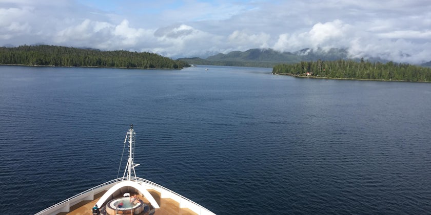 View from the bow of Seabourn Sojourn as it sails through Alaska's Inside Passage (Photo: Ashley Kosciolek)