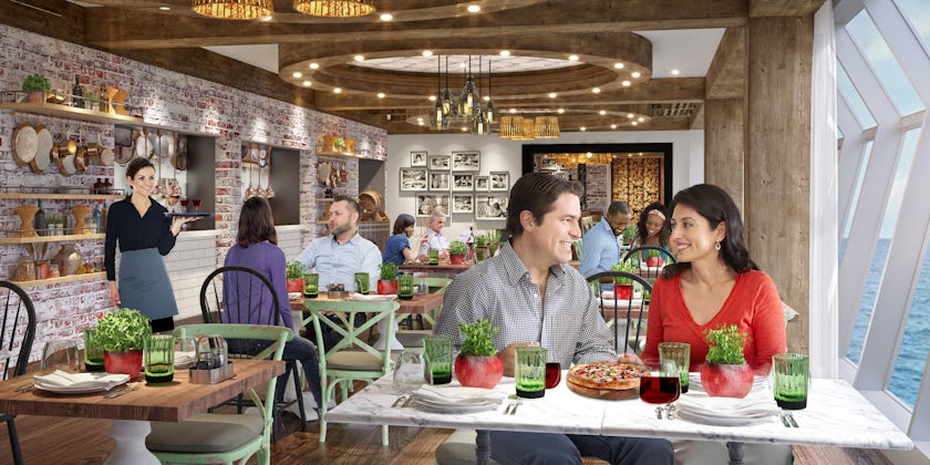 Rendering of passenger smiling and enjoying food and wine at Giovanni’s Italian Kitchen