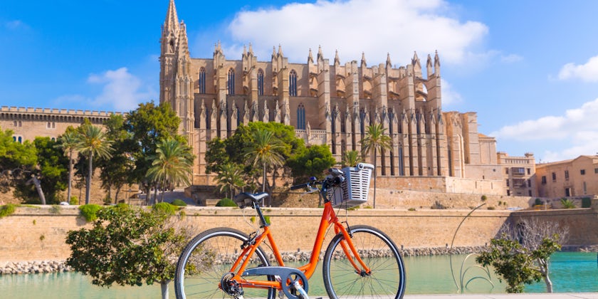 Bike in front of Majorca Palma Cathedral Seu in the Balearic Islands, Spain