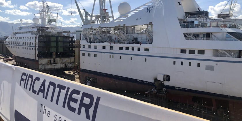 Star Breeze is sliced in two at the shipyard in Sicily. (Photo: Chris Gray Faust/Cruise Critic)