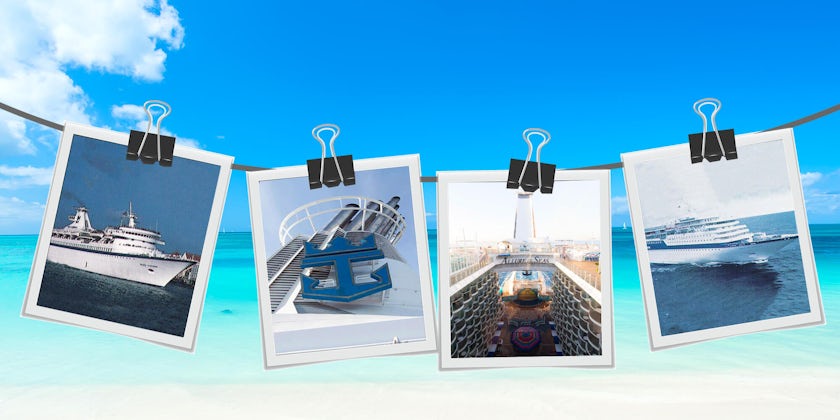 Polaroids of Royal Caribbean cruise ships hanging from a clothes line, with Caribbean beach in background
