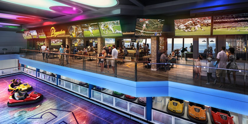 Colorful rendering of people watching the bumper cars in Odyssey of the Seas' SeaPlex from Playmakers Sports Bar & Arcade