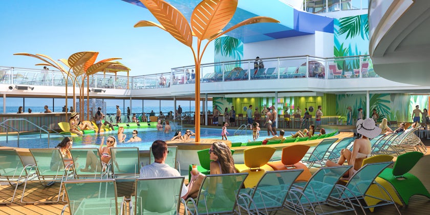 Rendering of passengers lounging by the resort-style pools on Odyssey of the Seas