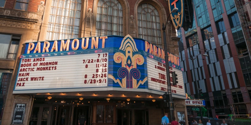 Exterior shot of the Paramount Movie Theatre on the corner of Pine Street and 9th Avenue in Seattle