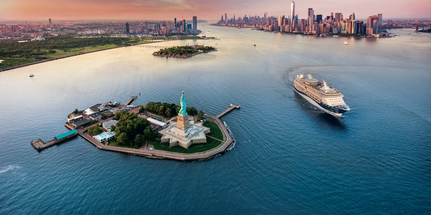 Drone image of State of Liberty and New York City in New York Harbour