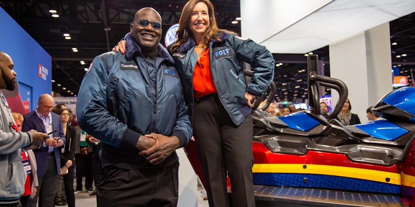 Carnival Chief Fun Officer, Shaquille O'Neal and Carnival President, Christine Duffy preparing to test drive Bolt Carnival's new roller coaster at sea (Photo: Carnival Cruise Line)