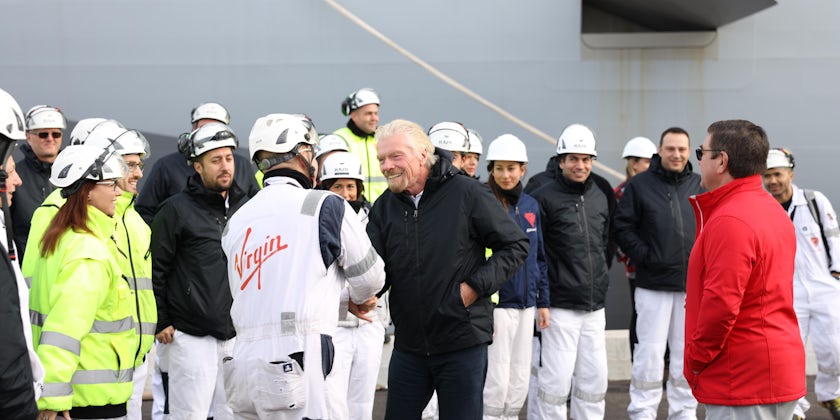 Richard Branson greeting the Virgin Voyages crew at the shipyard (Photo: Virgin Voyages)
