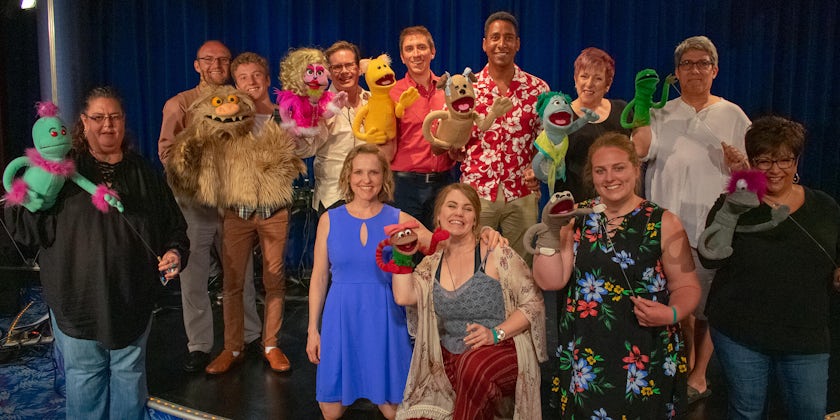 Anika Larsen and the puppet masters (Photo: Seth's Big Fat Broadway Cruises)