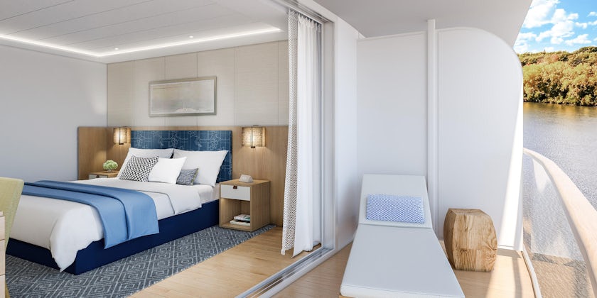 Rendering of the balcony and room interior of the Explorer Suite on Viking Mississippi