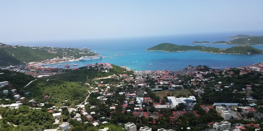 View of St Thomas and other virgin islands from Mountaintop Bar and shop