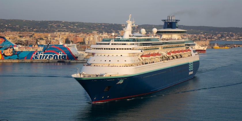 Sovereign departing Civitavecchia, the port for Rome, at sunset