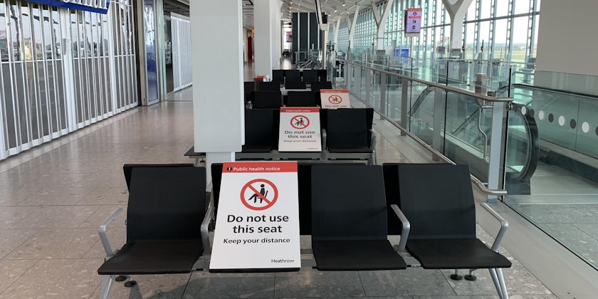 Blocked off seats for social distancing in London's Heathrow Airport during coronavirus pandemic