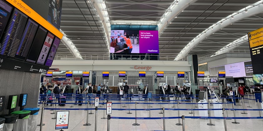 Empty Heathrow Airport check in line during the COVID-19 pandemic