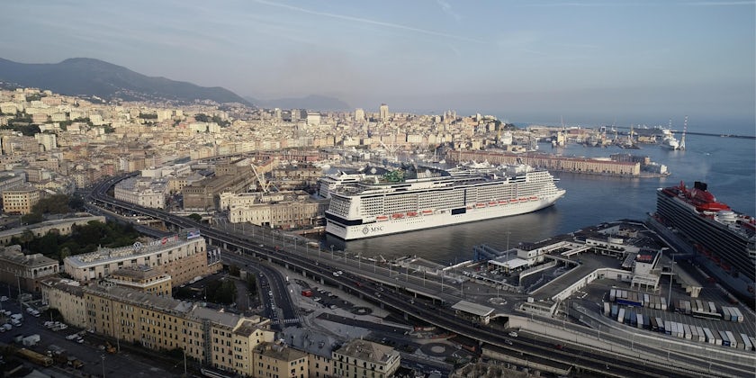 Exterior aerial shot of MSC Grandiosa docked in Genoa for its first voyage since the COVID-19 outbreak