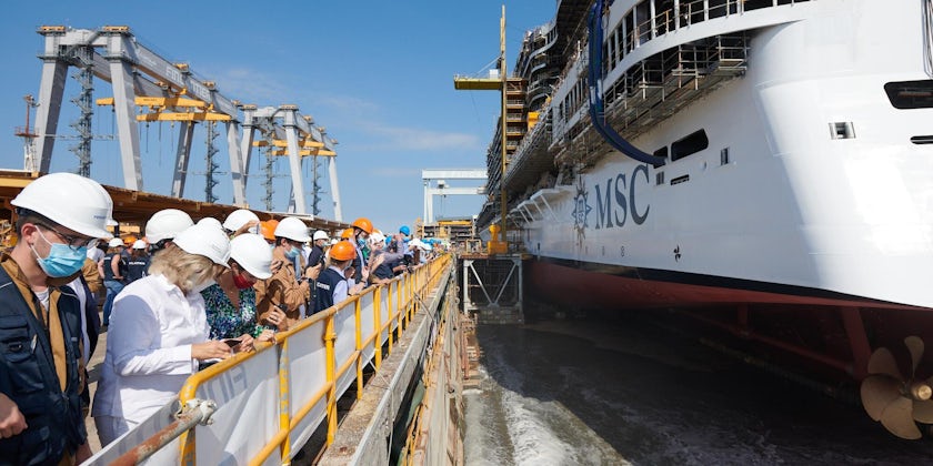 Water enters the dry dock to float  MSC  Seashore for the first time (Photo: MSC Cruises)