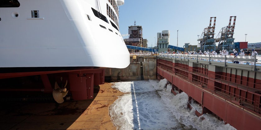 Water enters the dry dock to float out MSC Seashore for the first time (Photo: MSC Cruises)