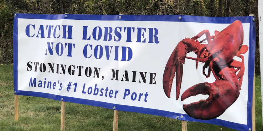 "Catch Lobster Not COVID" sign on the side of the road in Stonington, Maine