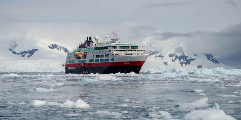 Exterior shot of Hurtigruten's Fram navigating icy waters in Antarctica