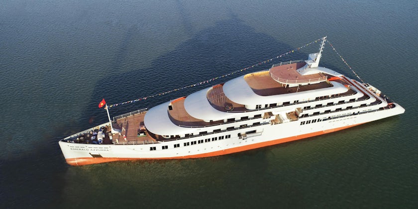 Exterior aerial shot of Emerald Azzurra sailing during the ship's float out