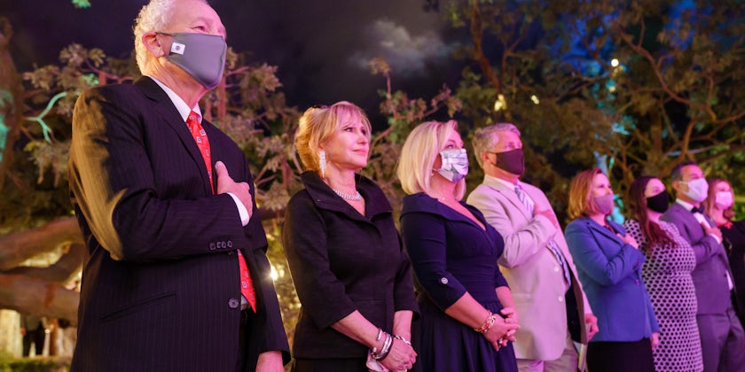 John Waggoner, Claudette Waggoner, Angie Hack, Jerry Hack, Brandy Christian attend the christening ceremony of the American Countess at Mardi Gras World, Sunday, March 21, 2021 (Photo: Joshua Brasted)